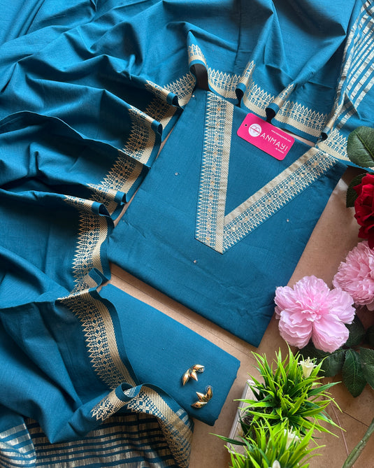 Soft Handloom Cotton v neck border suit set