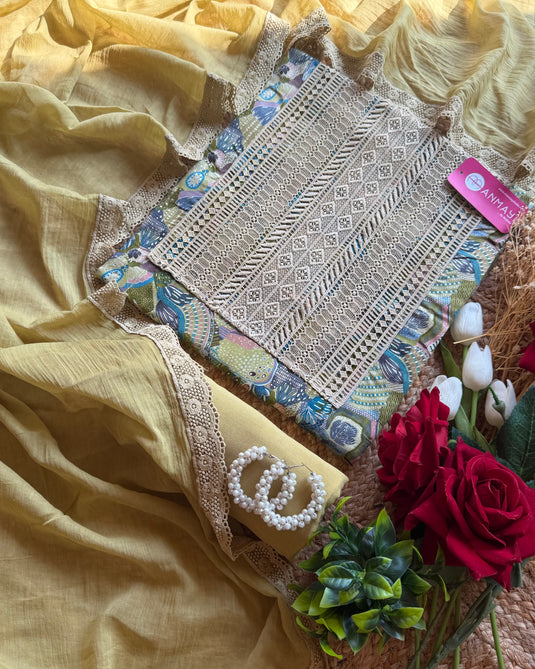 Crochet neck printed cotton suit with neck highlight