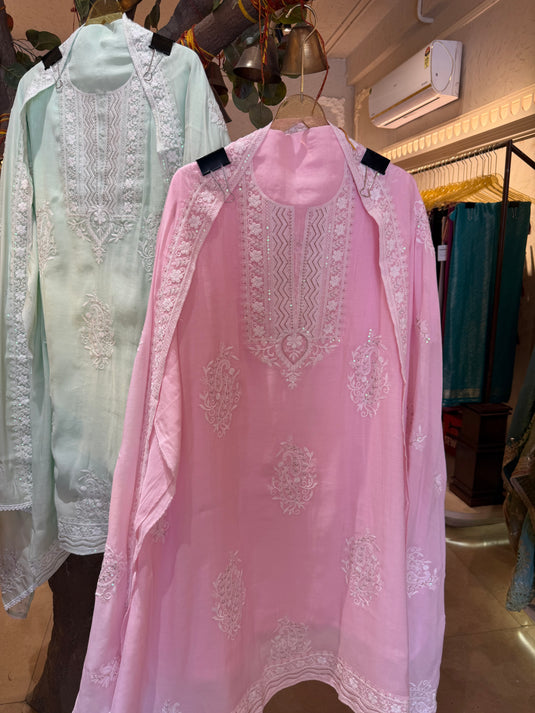White Dori pattern work pure mul cotton suit set