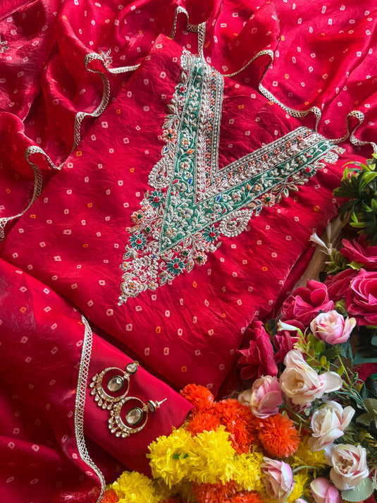 Satin organza bandhani navratna neck suit set