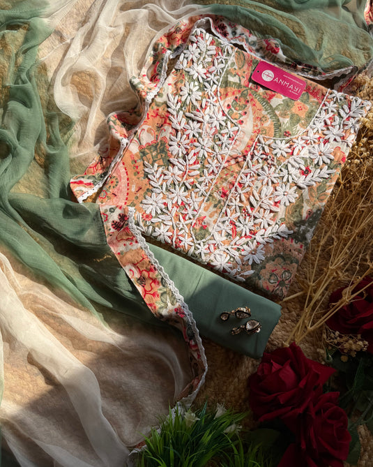 Tri colour cotton suit with chikankari work and chiffon dupatta