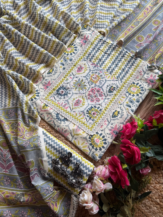 Abstract cream floral cambric cotton suit set