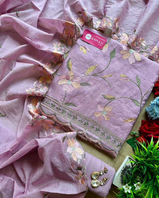Pastel Mul Chanderi cross stitch suit set