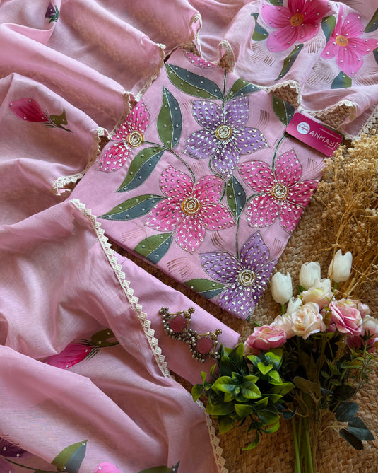 Mul Cotton Chanderi Handpaint suit with highlights