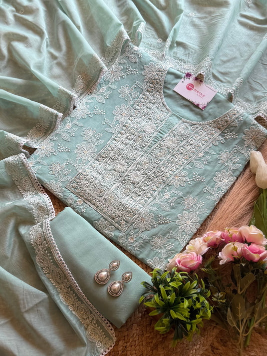 Mul chanderi chikankari all over suit set