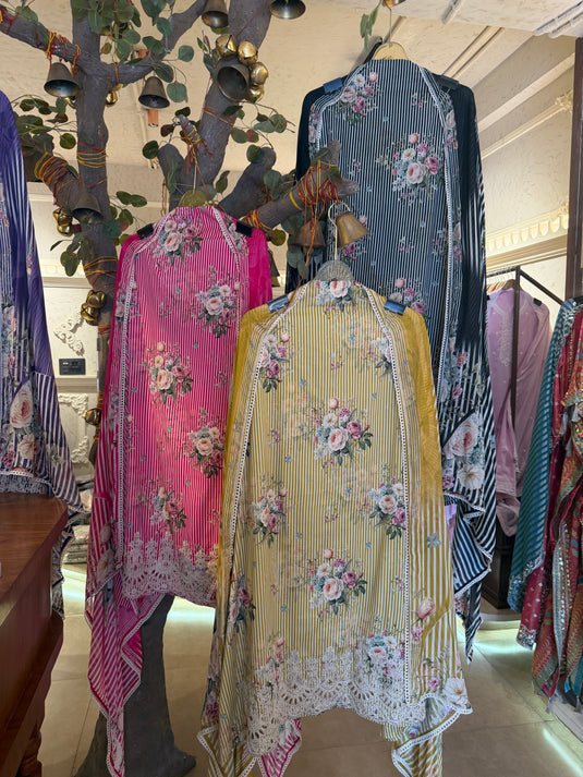 Digital floral stripes cotton suit set with muslin dupatta