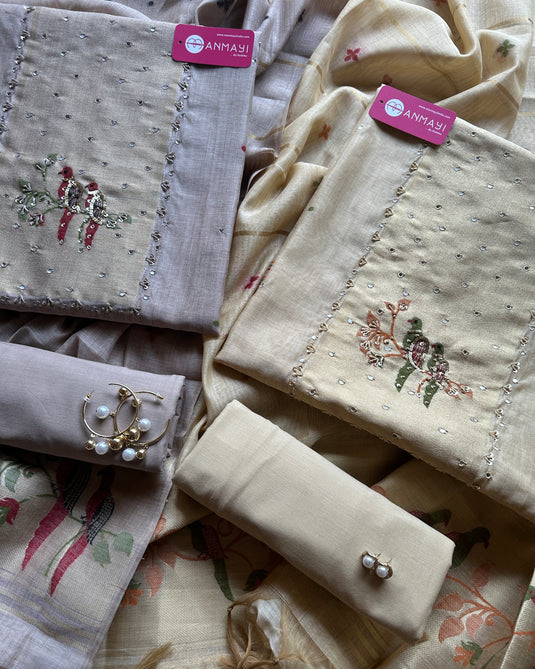 Parrot motif pastel jamdani suit set with cotton bottoms