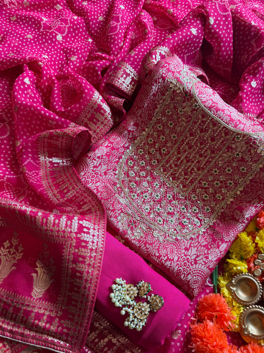 Brocade silk pita pearl work suit set with Banarasi Georgette dupatta