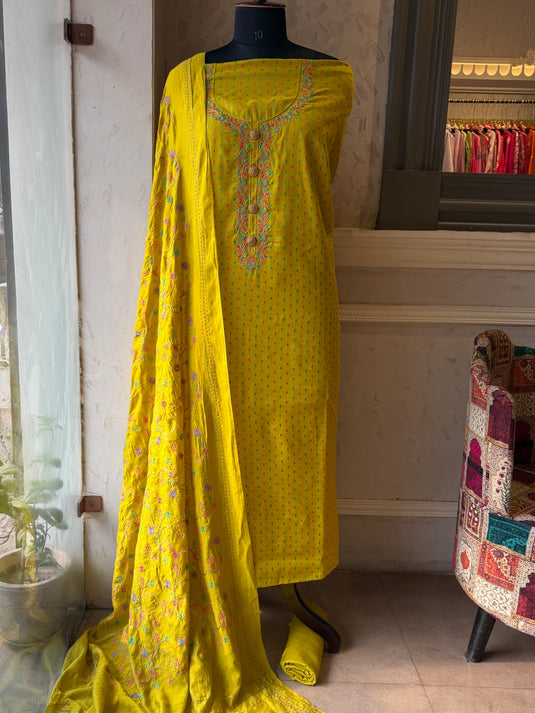 Neon soft handloom cotton suits with embroidered cotton silk dupatta
