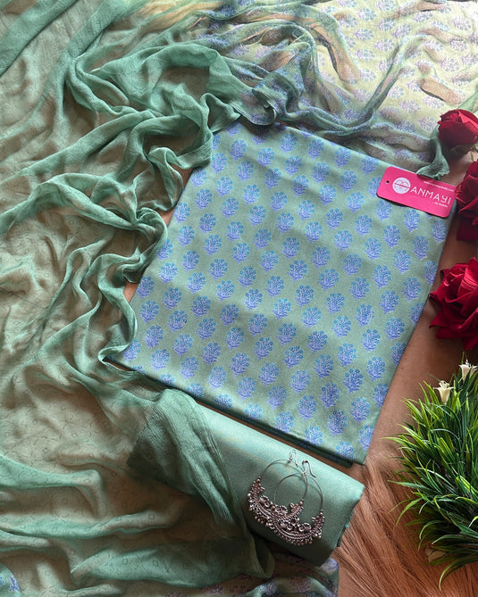 Block print pure spun suits with pure chiffon dupatta