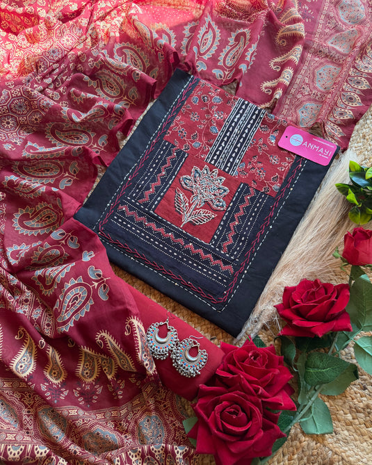 Combination ajrakh suit set with banjara pattern neck