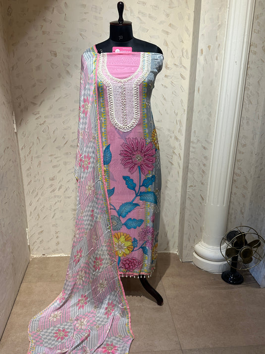 Organza semi stitched candy colour print suit with pearl neck