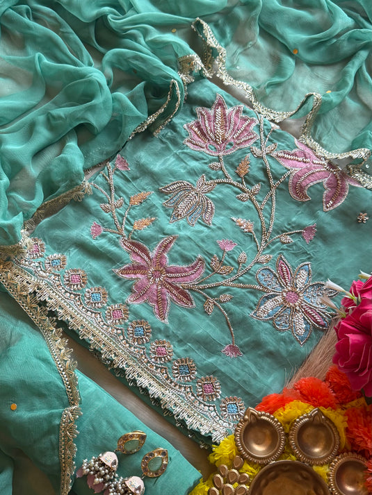 Floral platter embroidered glass organza suit set