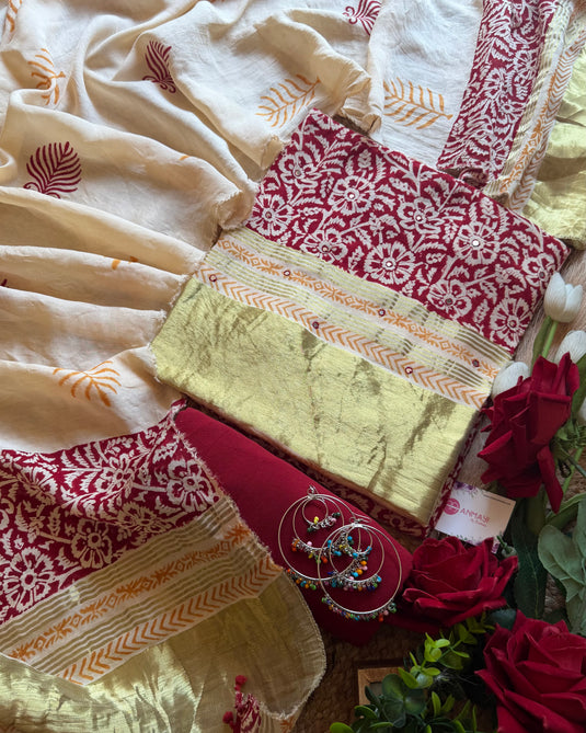 Muslin ajrakh print paper mirror work suit set with printed dupatta