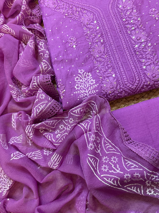 Lucknawi Chikankari pure cotton block print suit with chiffon dupatta