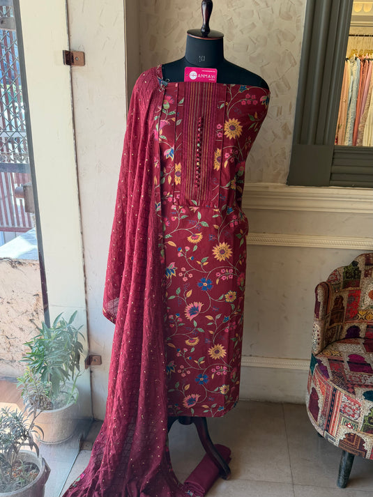 Boondi buttoned neck printed Cambric cotton suit set
