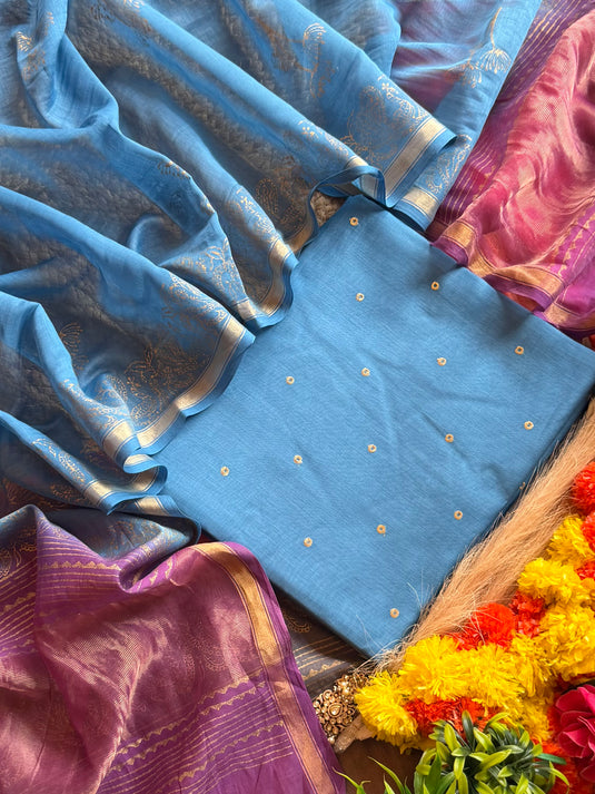Mul Mul Chanderi zari polka pasting work with shaded gold dupatta