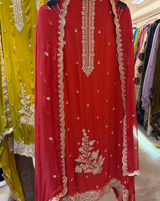 Fine Chinnon embroidered suit set with chiffon dupatta