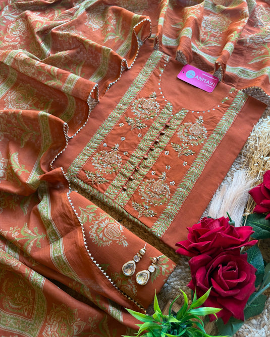 Cambric cotton festive suit set with highlights flower neck