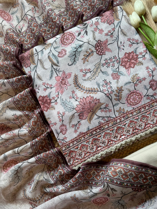 Chanderi silk beige flower print suit set