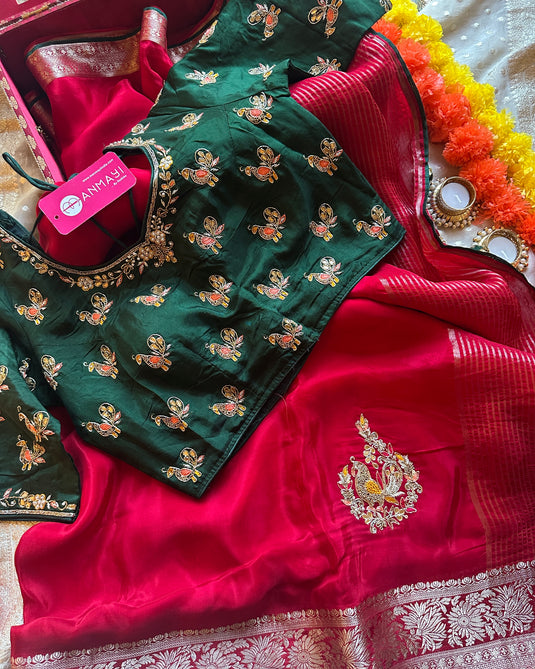 Russian silk embroidered saree with raw silk embroidered bottle green blouse
