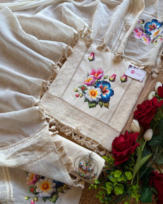 Hakooba cotton cream suit with digital flower work and tassels