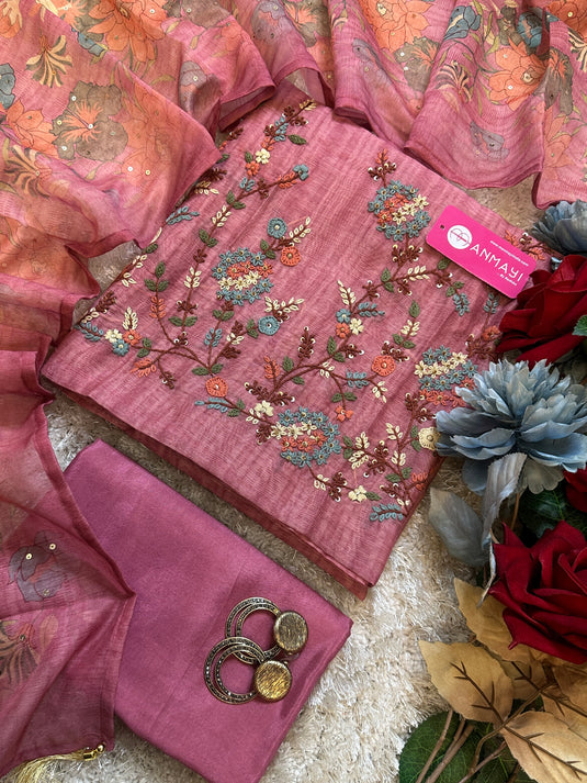 Soft chanderi French knot work suit sets with digital highlights dupatta