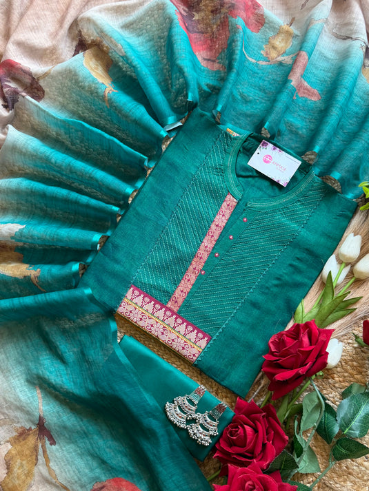 Handloom cotton shirt neck with brocade suit set
