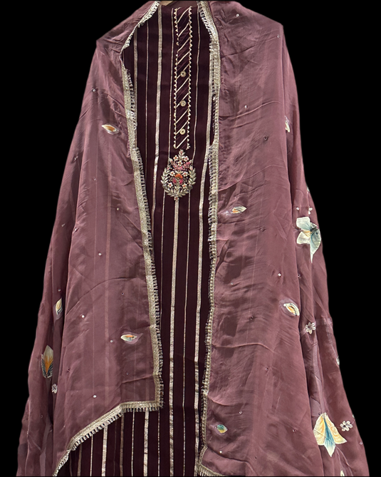 Gotta stripes burgundy pure georgette suit with Kundan neck