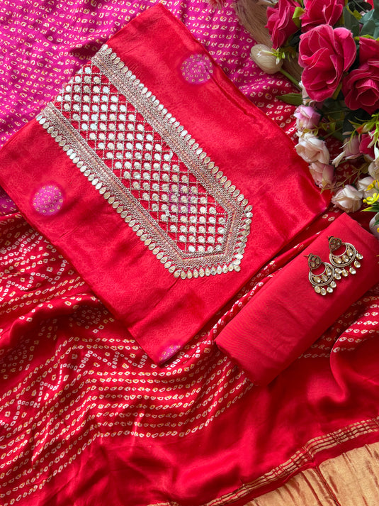Gajji silk bandhani pita work suit set