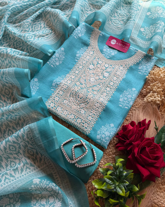 Linen block print square dori neck suit set