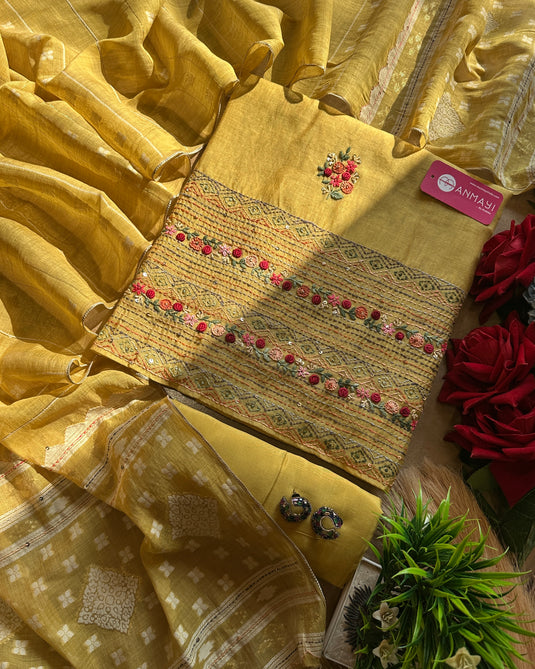 French knots rose work Maheshwari suit set with Jamdani Kantha work dupatta