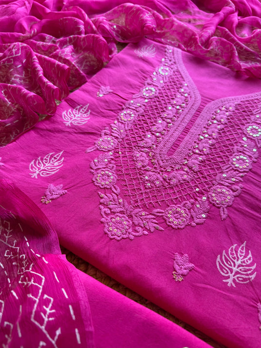 Lucknawi Chikankari fuchsia pink suit set with chiffon dupatta