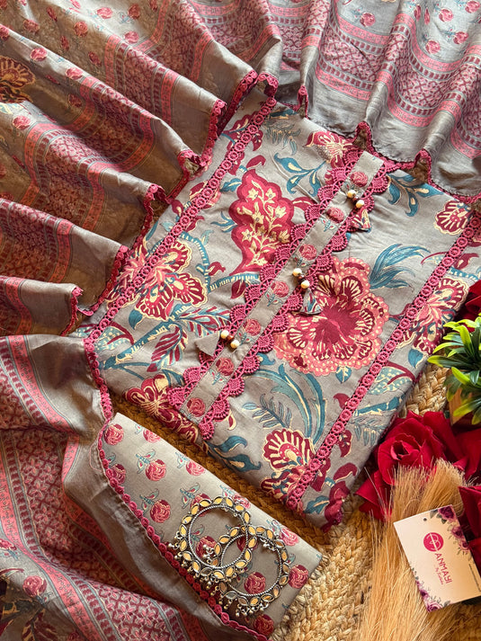 Cambric pakistani cotton lace work suit set