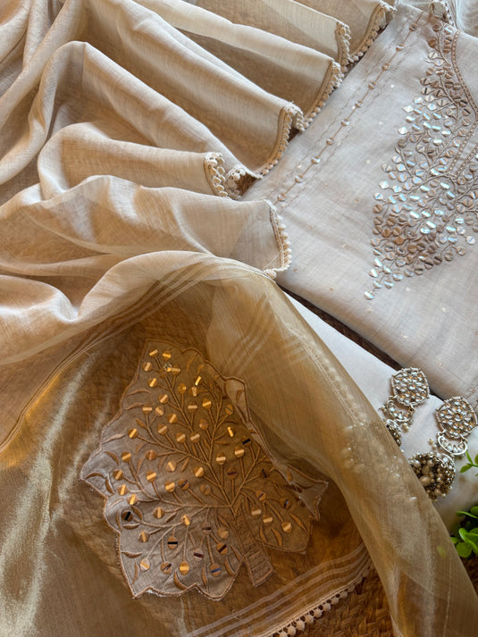 Paper mirror gold border ivory Jamdani suit set