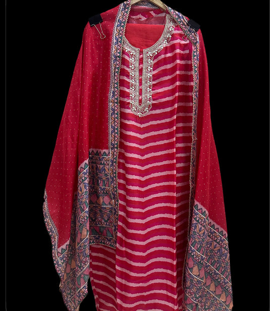 Lehria pure silk suit with printed Madhubani dupatta