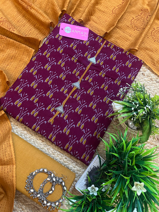 Ikkat print combination cotton suit set with antique neck tassels
