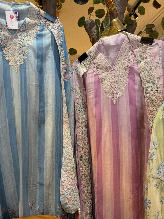 Stripy pure Mul pastel suit set with Dori weave and floral dupatta