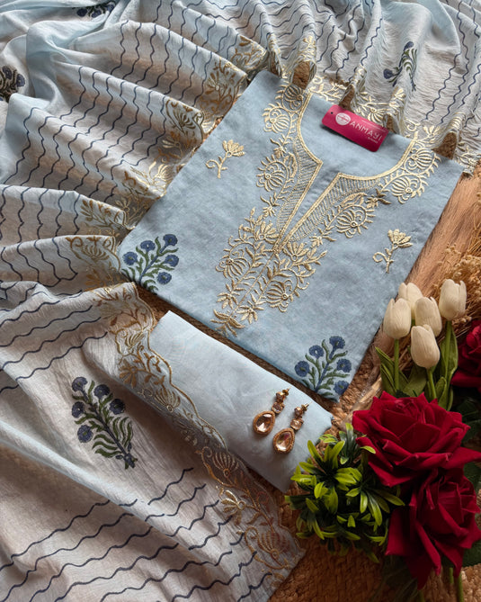 Mul Chanderi block print pita work suit set