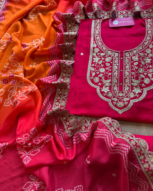 Upada silk dori temple neck suit with combination bandhani dupatta