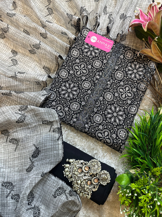 Stylish black and grey printed pure muslin suits with organza digital dupatta