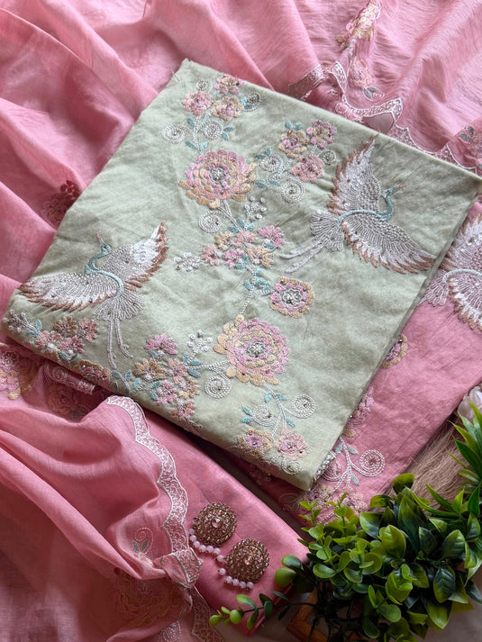 Crown crane festive Dori work Mul Chanderi suit set