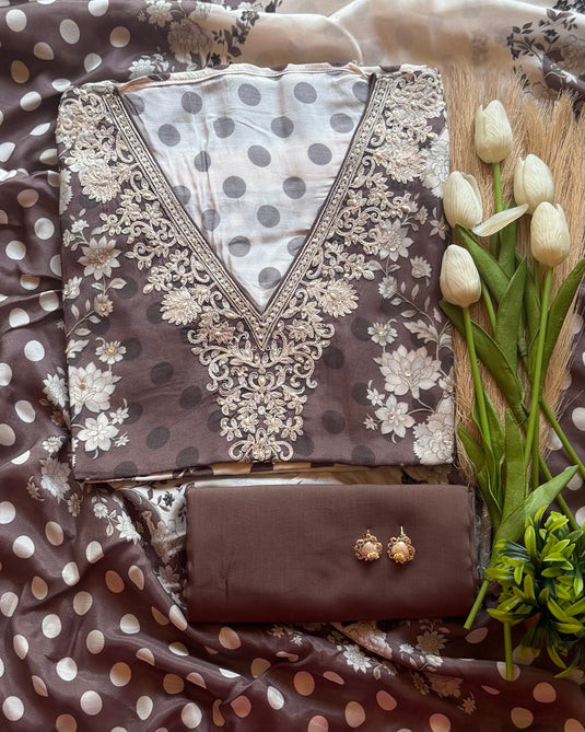 Polka dots floral fusion pure muslin suit  set