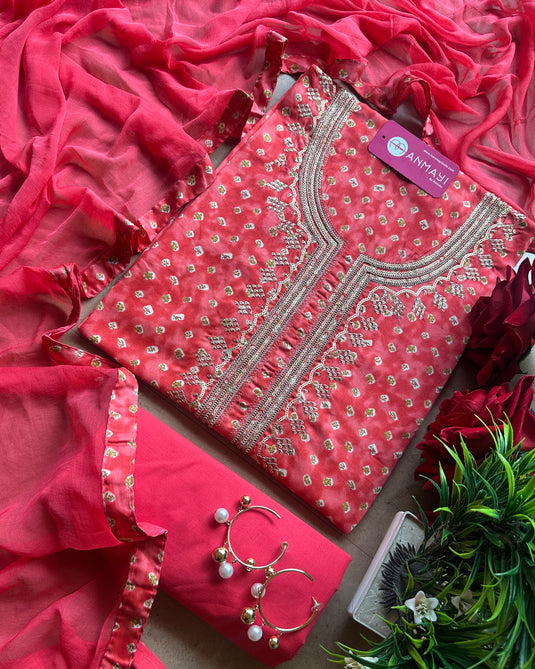 Bandhani cambric cotton suit set with chiffon dupatta