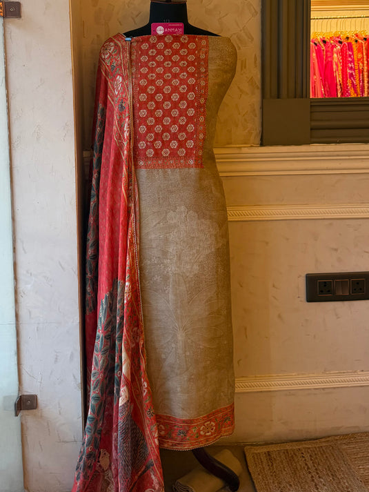 Fawn Orange pure Maheshwari suit set with chinnon dupatta
