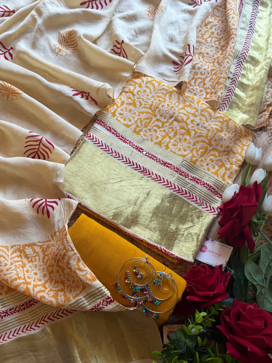 Muslin ajrakh print paper mirror work suit set with printed dupatta