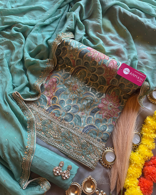 Assorted Chinnon suit set with hand work highlights