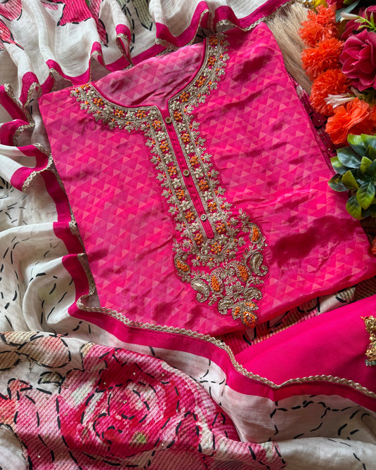 Abstract self fuchsia pink combination upada silk suit set