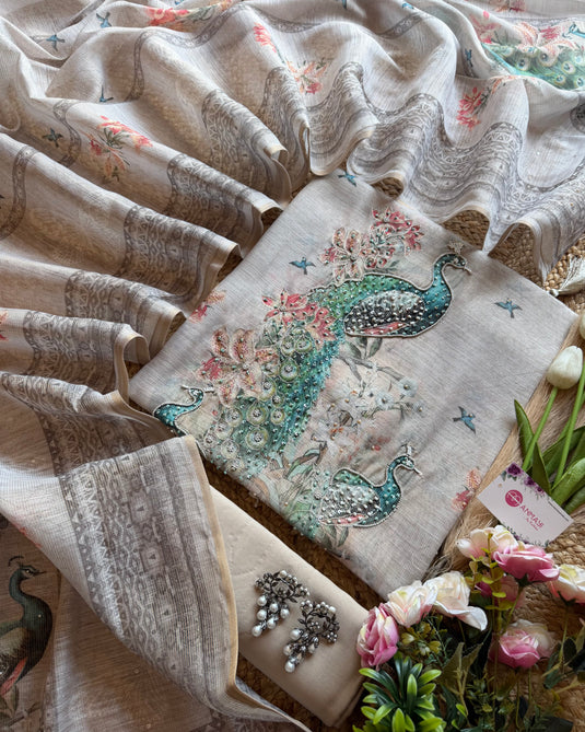 Shimmer Linens with highlighted digital peacocks