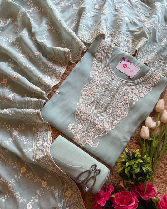White dori work soft mul chanderi suit set